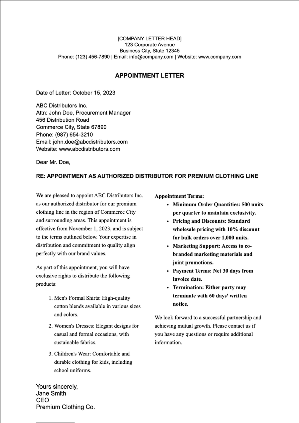 Formal business appointment letter template with company letterhead and agent designation_variant_3